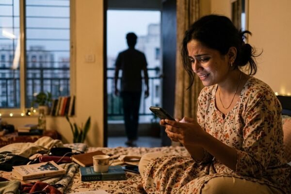 रिश्ते में ब्रेडक्रंबिंग का अनुभव करती महिला मोबाइल पर संदेश देखते हुए