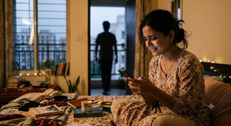 रिश्ते में ब्रेडक्रंबिंग का अनुभव करती महिला मोबाइल पर संदेश देखते हुए