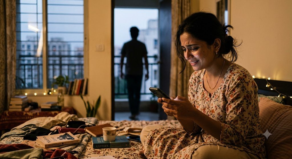 रिश्ते में ब्रेडक्रंबिंग का अनुभव करती महिला मोबाइल पर संदेश देखते हुए