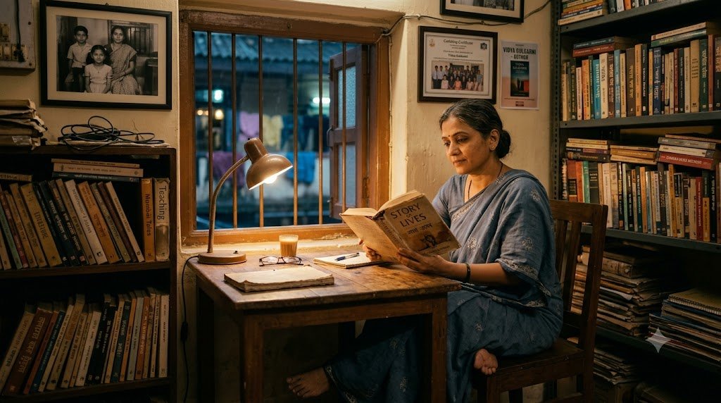 मुंबई की चॉल की खिड़की के पास किताब पढ़ती महिला, संघर्ष से सफलता की प्रेरक कहानी