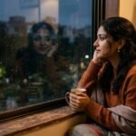 खिड़की के पास कॉफी के साथ चुप्पे प्रेम को महसूस करती महिला