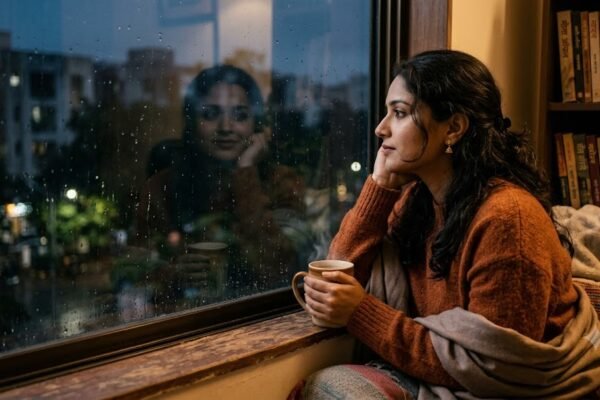 खिड़की के पास कॉफी के साथ चुप्पे प्रेम को महसूस करती महिला