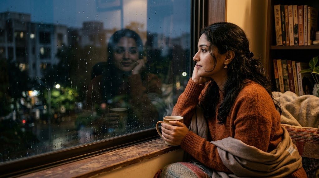 खिड़की के पास कॉफी के साथ चुप्पे प्रेम को महसूस करती महिला