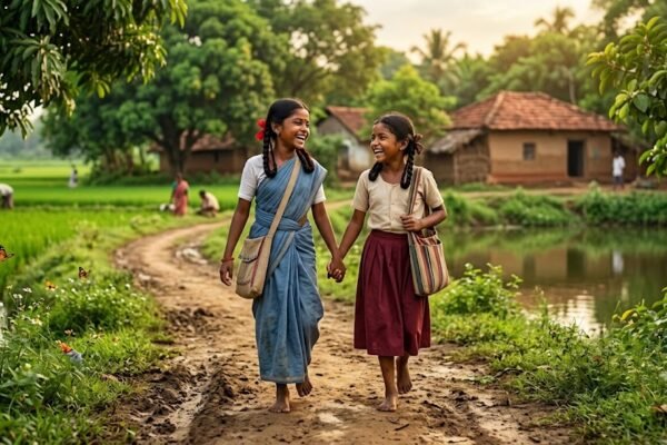 बचपन की दो भारतीय सहेलियाँ खेतों और गाँव की पगडंडी पर हँसते हुए हाथों में हाथ डाले चलती हुईं, जो सच्ची दोस्ती और सुनहरे बचपन की यादों को दर्शाती हैं।