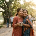 दो पुराने भारतीय मित्र वर्षों बाद मुस्कुराते हुए गले मिलते हुए, जो सच्ची दोस्ती, विश्वास और अटूट रिश्ते की भावनाओं को दर्शाते हैं।