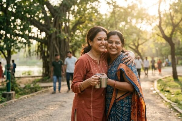 दो पुराने भारतीय मित्र वर्षों बाद मुस्कुराते हुए गले मिलते हुए, जो सच्ची दोस्ती, विश्वास और अटूट रिश्ते की भावनाओं को दर्शाते हैं।