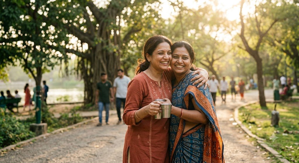 दो पुराने भारतीय मित्र वर्षों बाद मुस्कुराते हुए गले मिलते हुए, जो सच्ची दोस्ती, विश्वास और अटूट रिश्ते की भावनाओं को दर्शाते हैं।