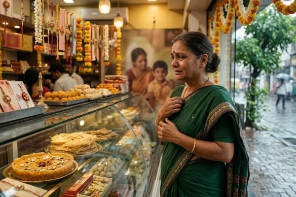 सावन में मिठाई की दुकान पर घेवर और फेनी देखकर मायके और माँ को याद करती भावुक महिला
