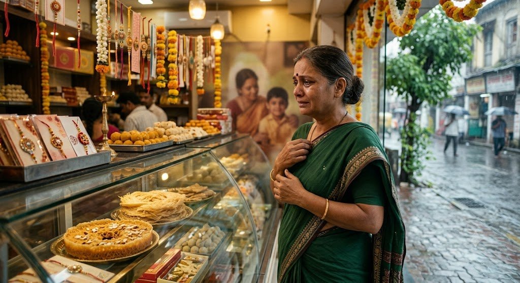 सावन में मिठाई की दुकान पर घेवर और फेनी देखकर मायके और माँ को याद करती भावुक महिला