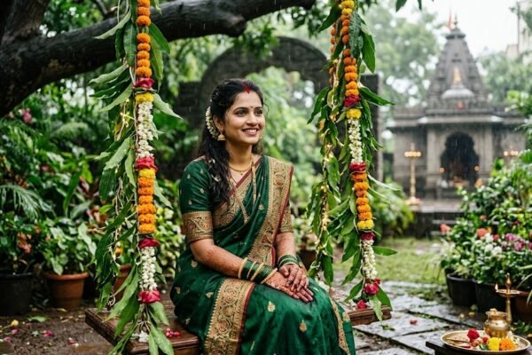 सावन में हरियाली तीज मनाती सुहागिन महिला, हाथों में मेहंदी और हरी चूड़ियां