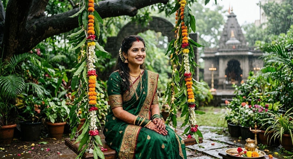 सावन में हरियाली तीज मनाती सुहागिन महिला, हाथों में मेहंदी और हरी चूड़ियां