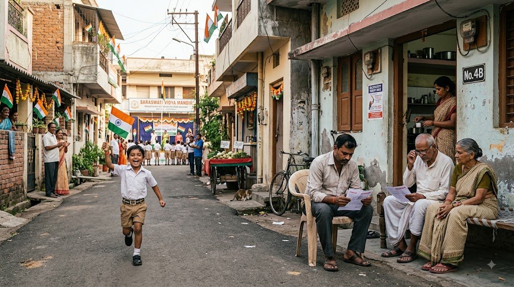 Image Alt Text: स्वतंत्रता दिवस के जश्न के बीच आम आदमी की जिंदगी और सामाजिक विडंबना दर्शाती हिंदी कविता