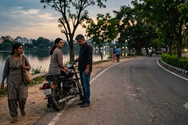 शाम के समय झील के किनारे टहलती महिला और दूर खड़ा एक प्रेमी जोड़ा