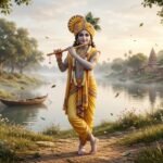 मोरपंख मुकुट धारण किए बाँसुरी बजाते श्रीकृष्ण का भक्ति भाव से भरा दृश्य