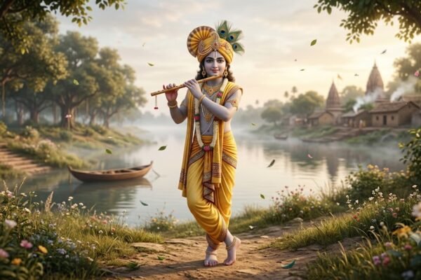 मोरपंख मुकुट धारण किए बाँसुरी बजाते श्रीकृष्ण का भक्ति भाव से भरा दृश्य