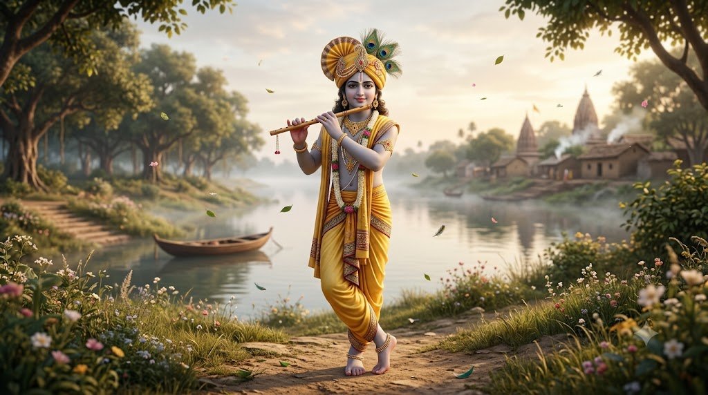 मोरपंख मुकुट धारण किए बाँसुरी बजाते श्रीकृष्ण का भक्ति भाव से भरा दृश्य
