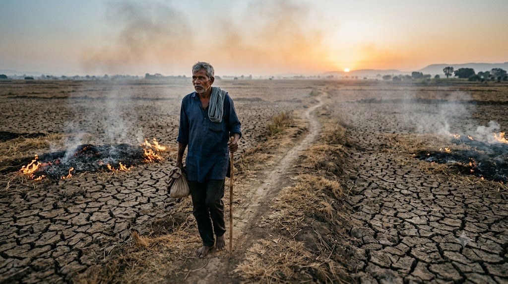 अंगारों पर चलते किसान और संघर्ष को दर्शाती हिंदी ग़ज़ल की प्रतीकात्मक तस्वीर