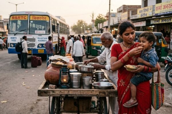 सड़क किनारे पुचका खाते माँ और बच्चे का भावुक यथार्थवादी दृश्य