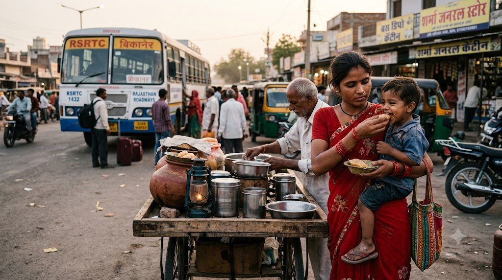 सड़क किनारे पुचका खाते माँ और बच्चे का भावुक यथार्थवादी दृश्य