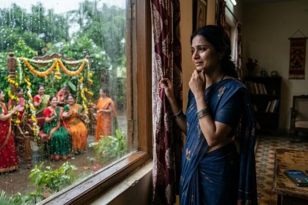 सावन में मायके की यादों में खोई महिला की भावुक तस्वीर