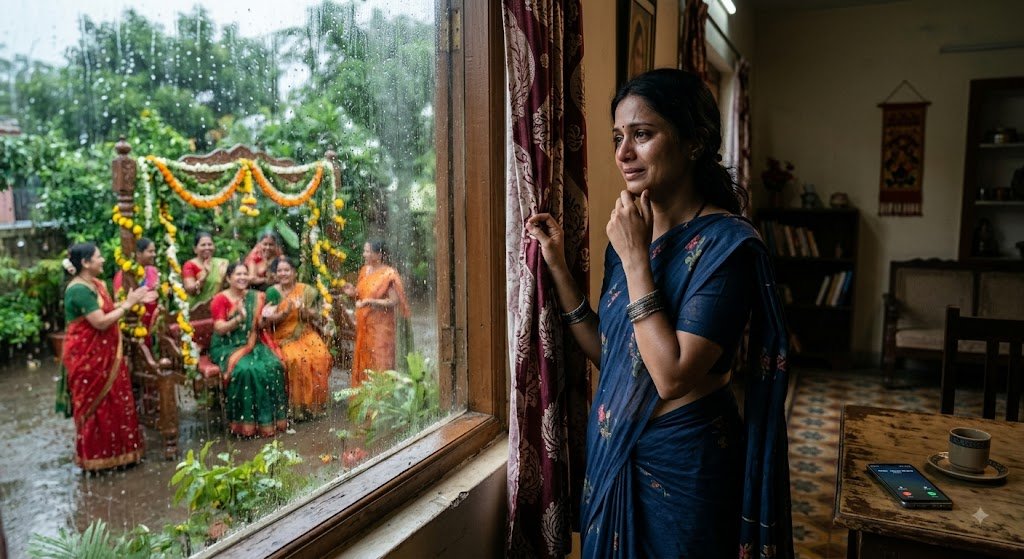 सावन में मायके की यादों में खोई महिला की भावुक तस्वीर