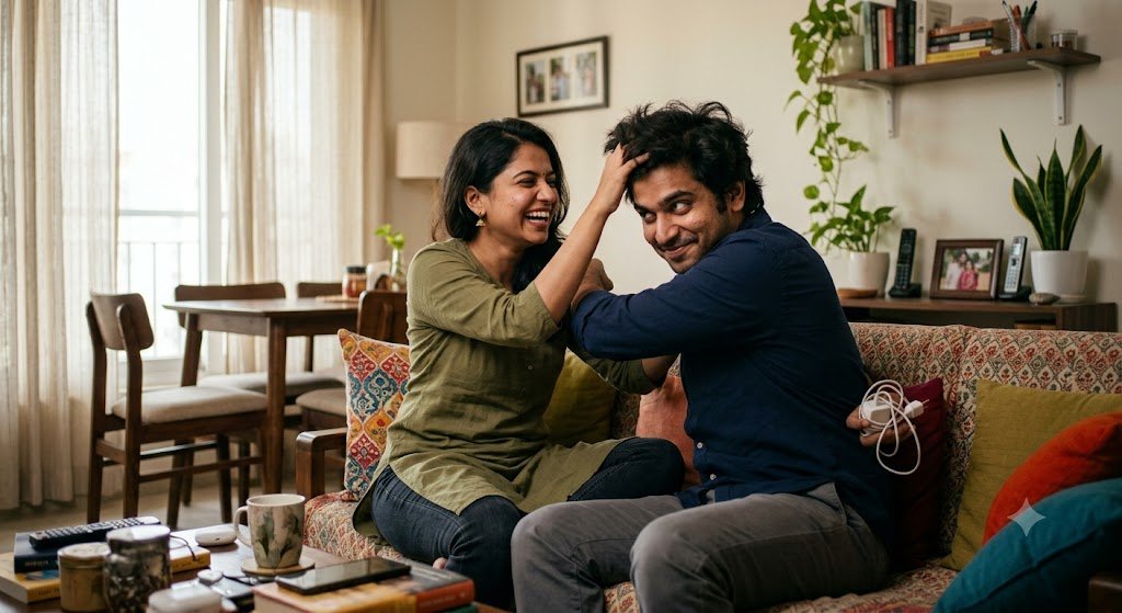 अर्णव और मायरा की नोकझोंक और प्यार को दर्शाता खुशहाल भारतीय दंपति का दृश्य