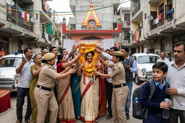मंत्री के स्वागत में जुटी कॉलोनी और लोकतंत्र पर राजनीतिक व्यंग्य