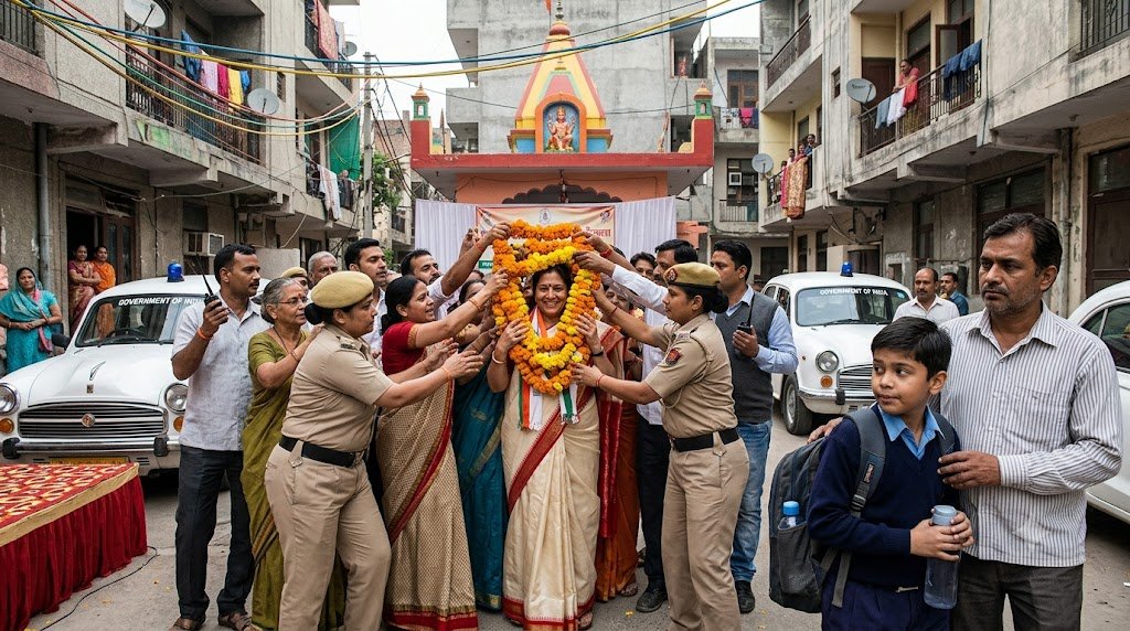मंत्री के स्वागत में जुटी कॉलोनी और लोकतंत्र पर राजनीतिक व्यंग्य