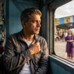 ट्रेन की खिड़की से बाहर देखते हुए अपनी प्रेमिका को याद करता एक युवक