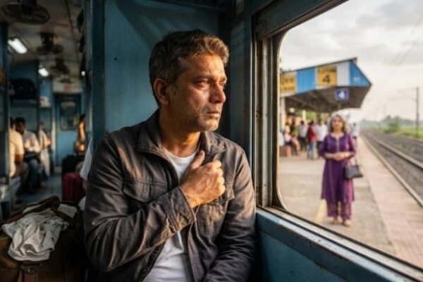 ट्रेन की खिड़की से बाहर देखते हुए अपनी प्रेमिका को याद करता एक युवक