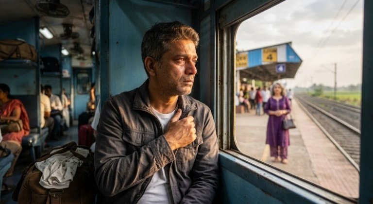 ट्रेन की खिड़की से बाहर देखते हुए अपनी प्रेमिका को याद करता एक युवक