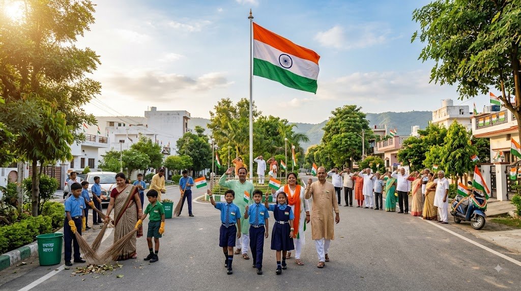 पंद्रह अगस्त पर तिरंगे के साथ सच्ची देशभक्ति और स्वच्छता का संदेश देती हिंदी कविता