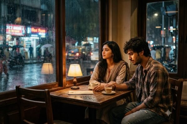 "एक कपल बारिश में साथ बैठे हुए, भावनात्मक लेकिन अनिश्चित रिश्ते को दर्शाता दृश्य"