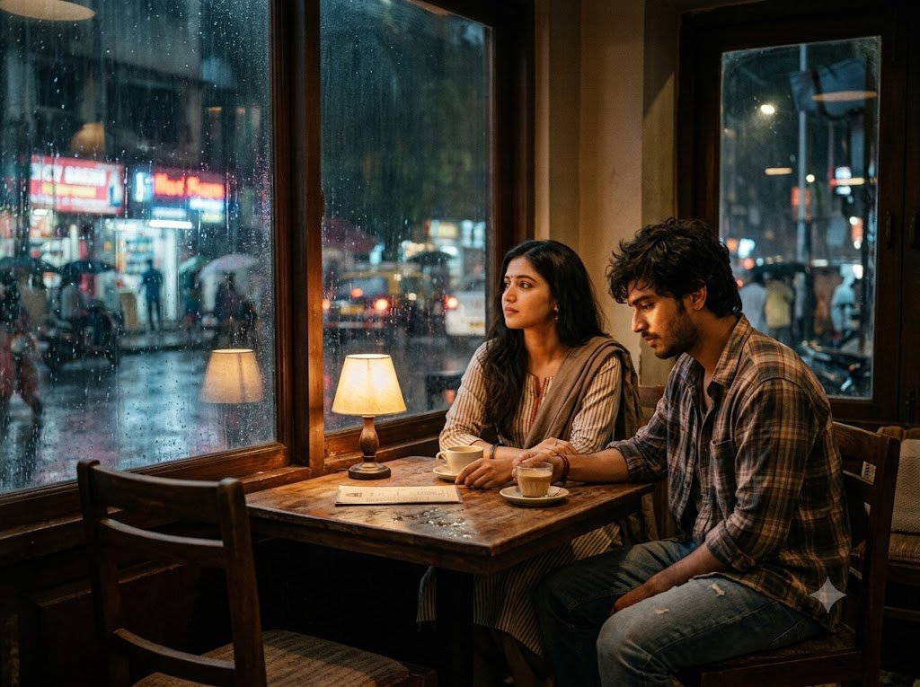 "एक कपल बारिश में साथ बैठे हुए, भावनात्मक लेकिन अनिश्चित रिश्ते को दर्शाता दृश्य"