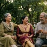 तीन भारतीय मित्र वर्षों बाद मिलकर मुस्कुराते हुए गले लग रहे हैं, जो सच्ची दोस्ती, विश्वास और जीवनभर साथ निभाने वाले रिश्ते की भावनाओं को दर्शाता है।