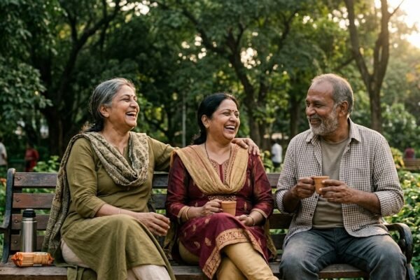 तीन भारतीय मित्र वर्षों बाद मिलकर मुस्कुराते हुए गले लग रहे हैं, जो सच्ची दोस्ती, विश्वास और जीवनभर साथ निभाने वाले रिश्ते की भावनाओं को दर्शाता है।