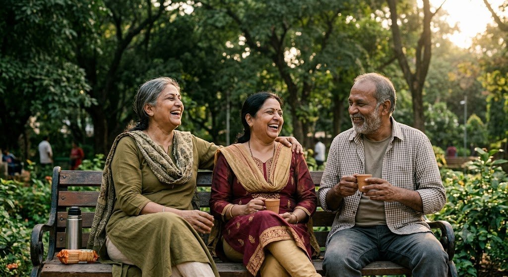 तीन भारतीय मित्र वर्षों बाद मिलकर मुस्कुराते हुए गले लग रहे हैं, जो सच्ची दोस्ती, विश्वास और जीवनभर साथ निभाने वाले रिश्ते की भावनाओं को दर्शाता है।