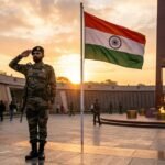 भारतीय तिरंगे के साथ अमर शहीदों को श्रद्धांजलि अर्पित करता सैनिक