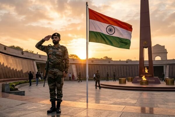 भारतीय तिरंगे के साथ अमर शहीदों को श्रद्धांजलि अर्पित करता सैनिक
