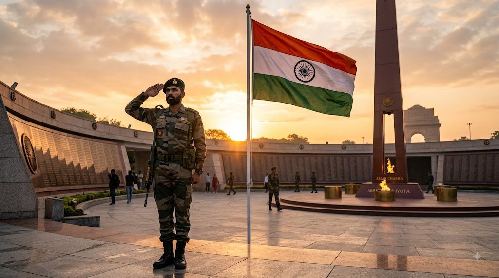 भारतीय तिरंगे के साथ अमर शहीदों को श्रद्धांजलि अर्पित करता सैनिक