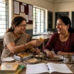 "विद्यालय के स्टाफ रूम में दो मध्यम आयु की भारतीय महिला शिक्षिकाएँ मुस्कुराते हुए घर का बना भोजन साझा करती हुईं, जो सच्ची दोस्ती, अपनापन और आत्मीय रिश्ते की भावनाओं को दर्शाता है।"