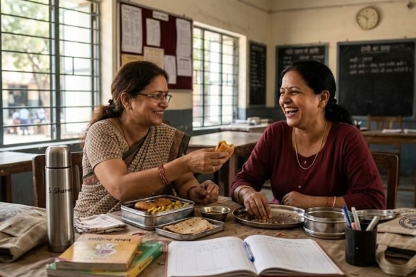 "विद्यालय के स्टाफ रूम में दो मध्यम आयु की भारतीय महिला शिक्षिकाएँ मुस्कुराते हुए घर का बना भोजन साझा करती हुईं, जो सच्ची दोस्ती, अपनापन और आत्मीय रिश्ते की भावनाओं को दर्शाता है।"