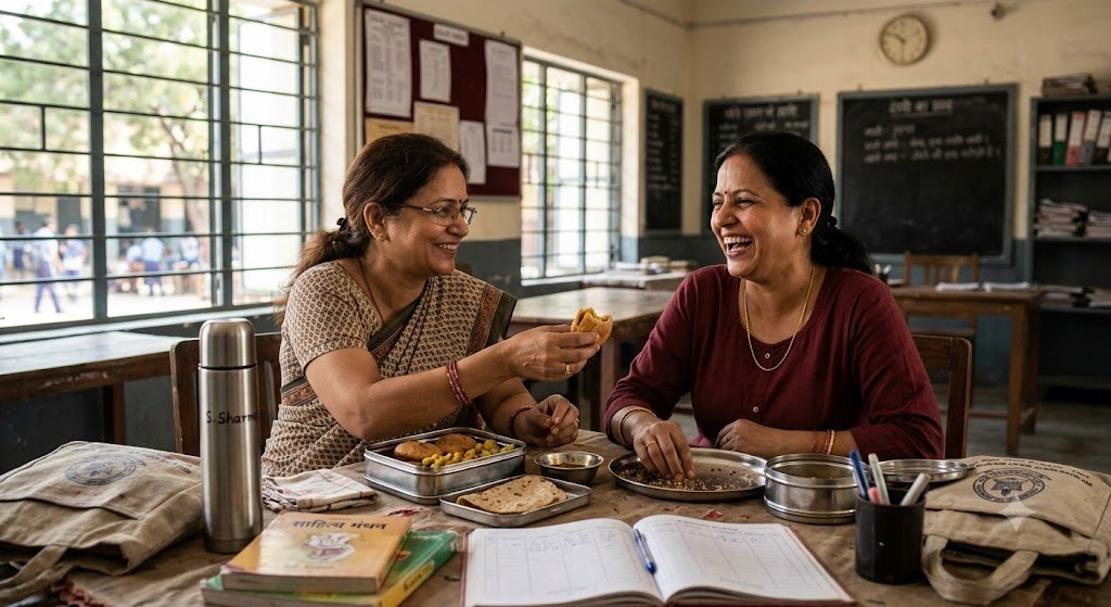 "विद्यालय के स्टाफ रूम में दो मध्यम आयु की भारतीय महिला शिक्षिकाएँ मुस्कुराते हुए घर का बना भोजन साझा करती हुईं, जो सच्ची दोस्ती, अपनापन और आत्मीय रिश्ते की भावनाओं को दर्शाता है।"