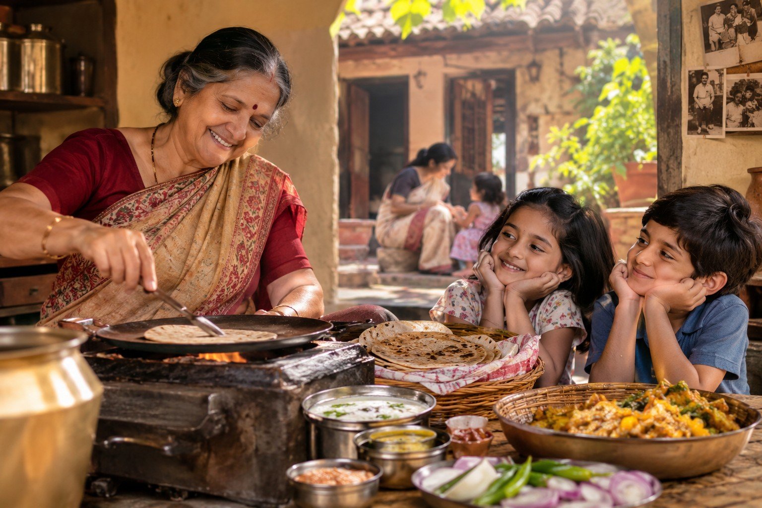 माँ के हाथों से बने पारंपरिक भोजन के साथ बचपन की यादों को दर्शाता भावुक पारिवारिक दृश्य