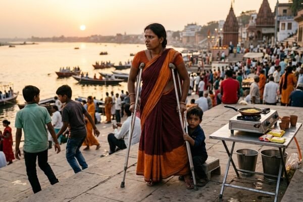 अस्सी घाट पर बेटे की रक्षा के लिए बैसाखी उठाए खड़ी माँ
