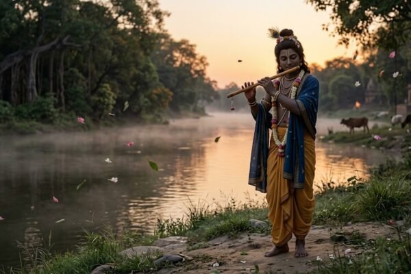 कृष्ण की बाँसुरी और मधुर संगीत की प्रतीकात्मक छवि
