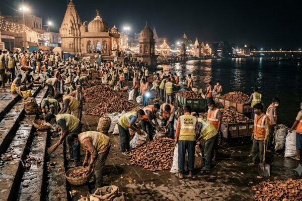 उज्जैन दीपोत्सव के बाद क्षिप्रा घाटों की सफाई करते 400 सफाई मित्र