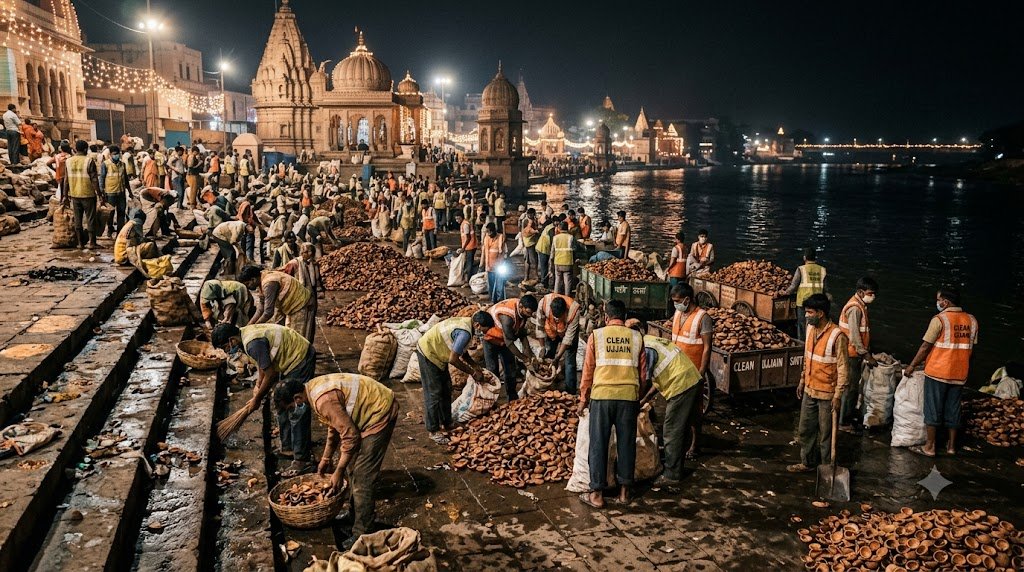 उज्जैन दीपोत्सव के बाद क्षिप्रा घाटों की सफाई करते 400 सफाई मित्र