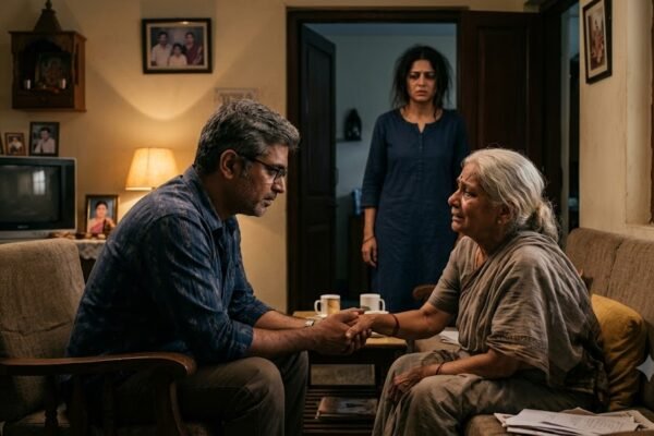 पत्नी के सामने पति और उसकी माँ के रिश्ते से जुड़ी गलतफहमी को दर्शाता भावुक पारिवारिक दृश्य.