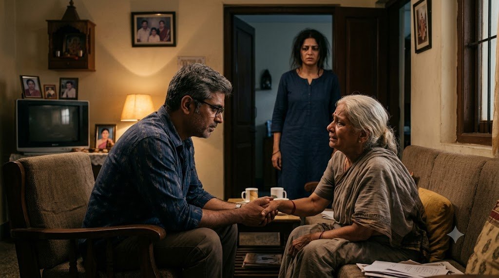 पत्नी के सामने पति और उसकी माँ के रिश्ते से जुड़ी गलतफहमी को दर्शाता भावुक पारिवारिक दृश्य.